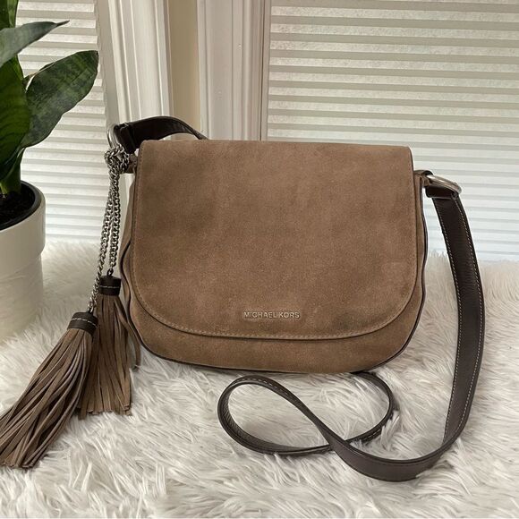 Michael Kors ‎ Elyse Saddle Brown Leather Crossbody Bag Dune Suede medium - Picture 1 of 10